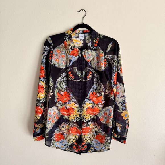 Cabi Black + Red Semi Sheer Amour Printed Long Sleeve Collared Blouse Small - Picture 2 of 9
